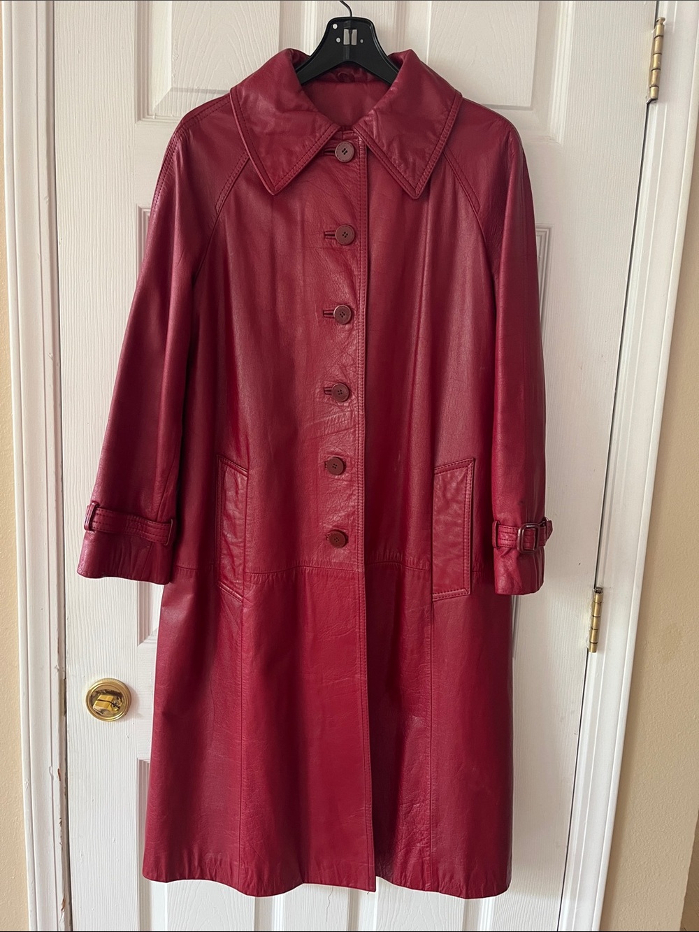 Women's Burgundy Leather Trench Coat - Classic Button Front